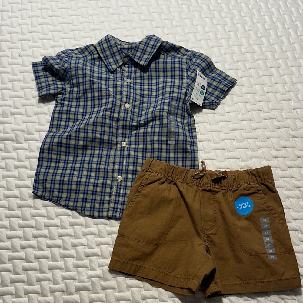 Carter's Blue Plaid Shirt and Brown Shorts Set
